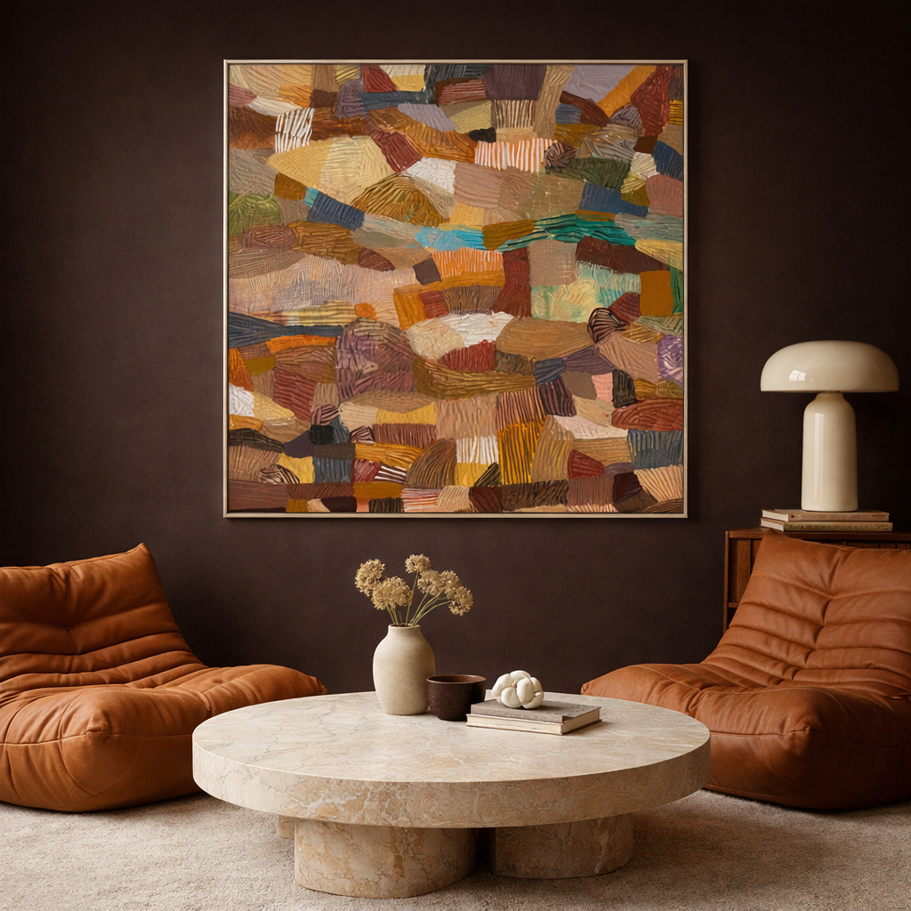 Living room with brown leather chairs, a marble coffee table, and abstract art on the wall by JWG