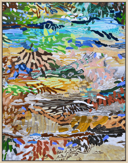 Canvas print 'By the Frog Pond' featuring vibrant colors and playful patterns of an aquatic scene.