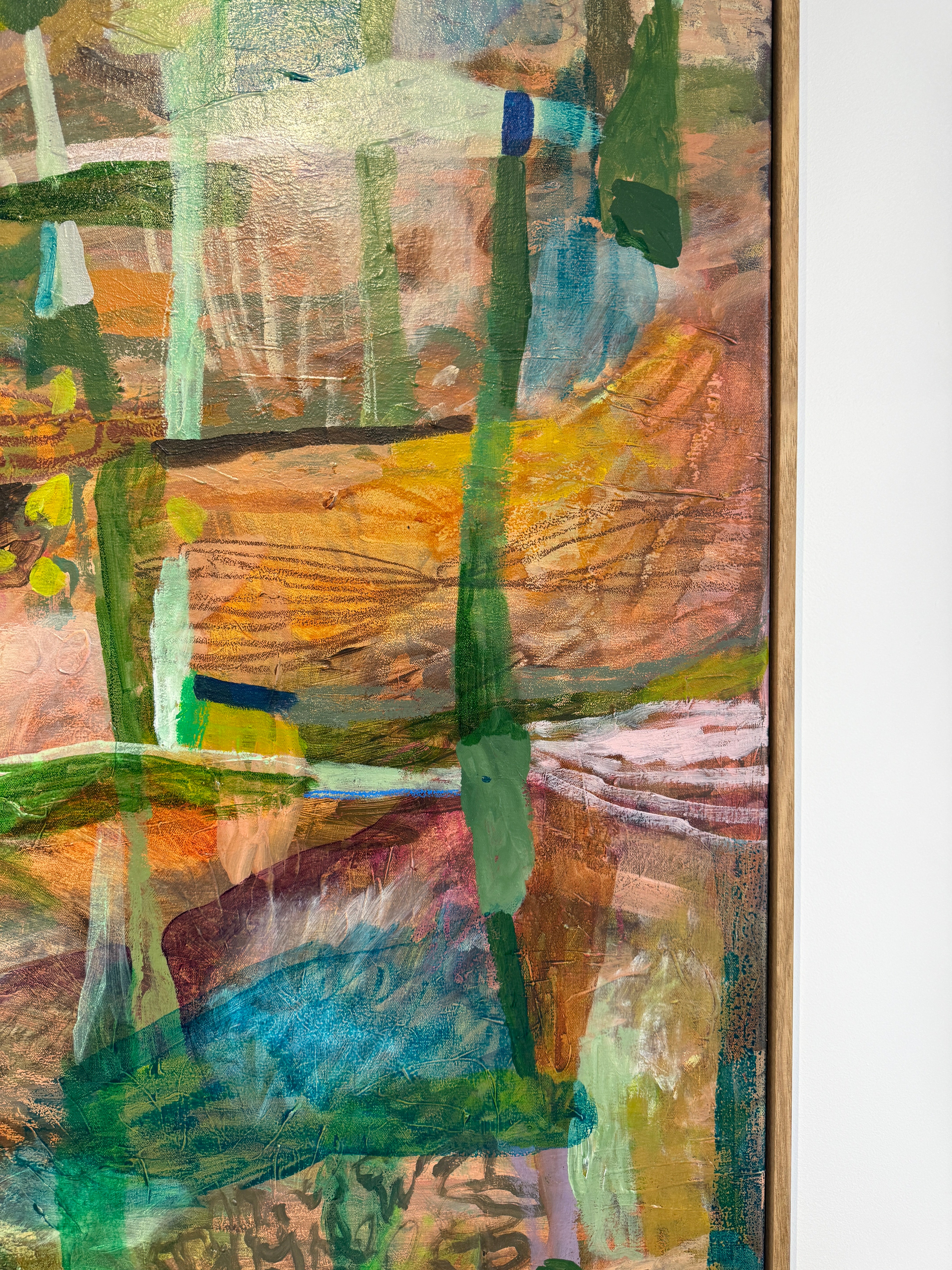 Abstract artwork with a cross-like shape in green and brown tones on a textured surface. JWG ARTWORK