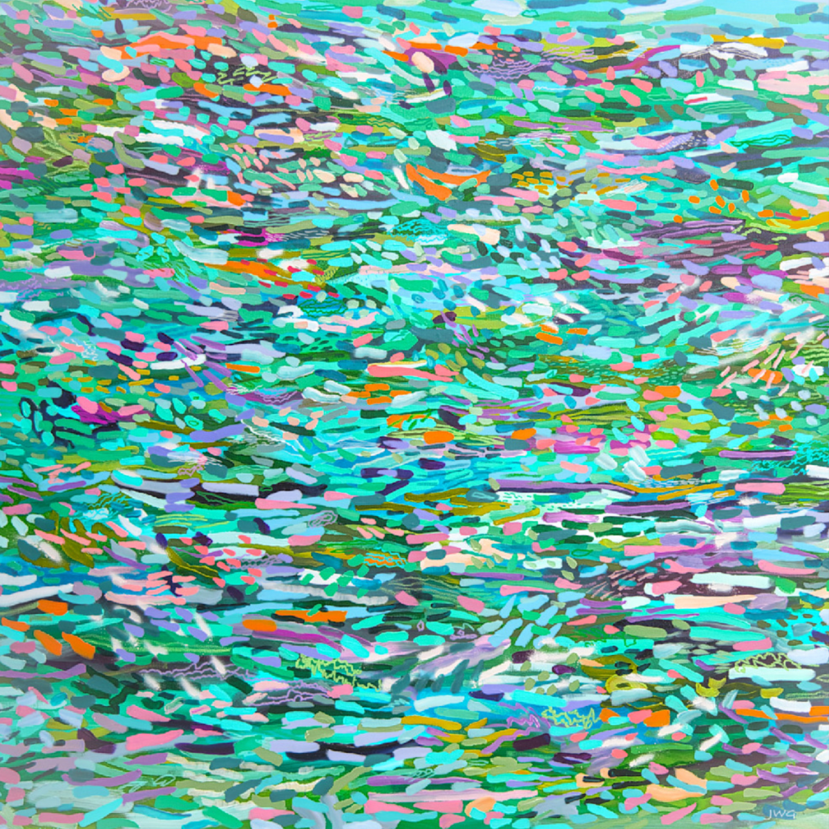 Abstract artwork with multicolored brush strokes on a textured surface