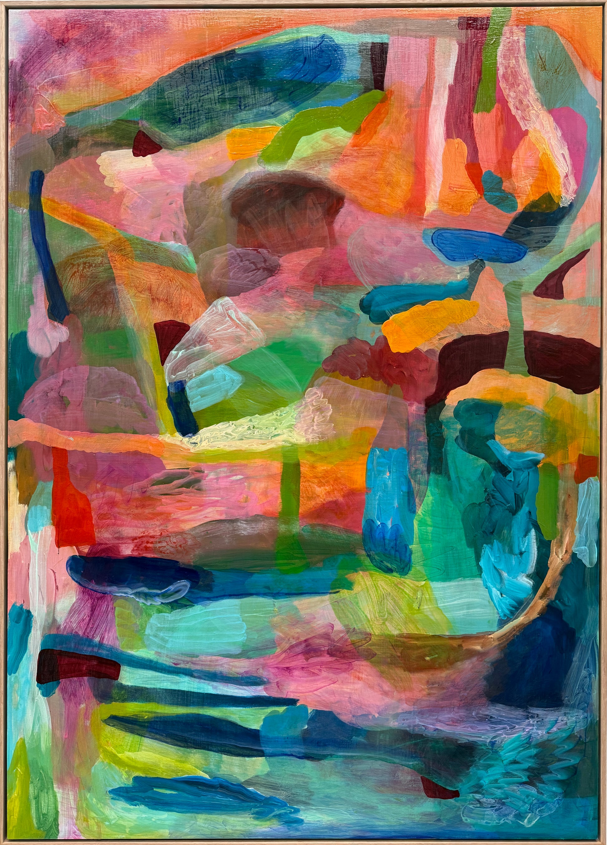 Abstract painting with vibrant colors and fluid shapes