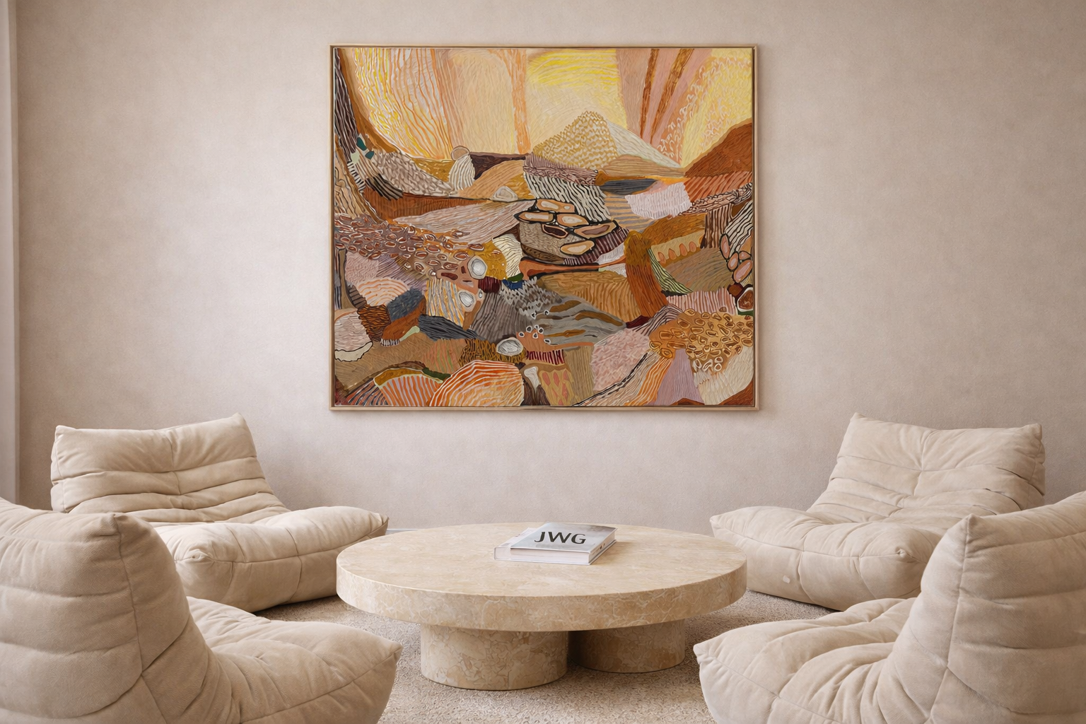 Modern living room with beige furniture and a large abstract painting on the wall by JWG.