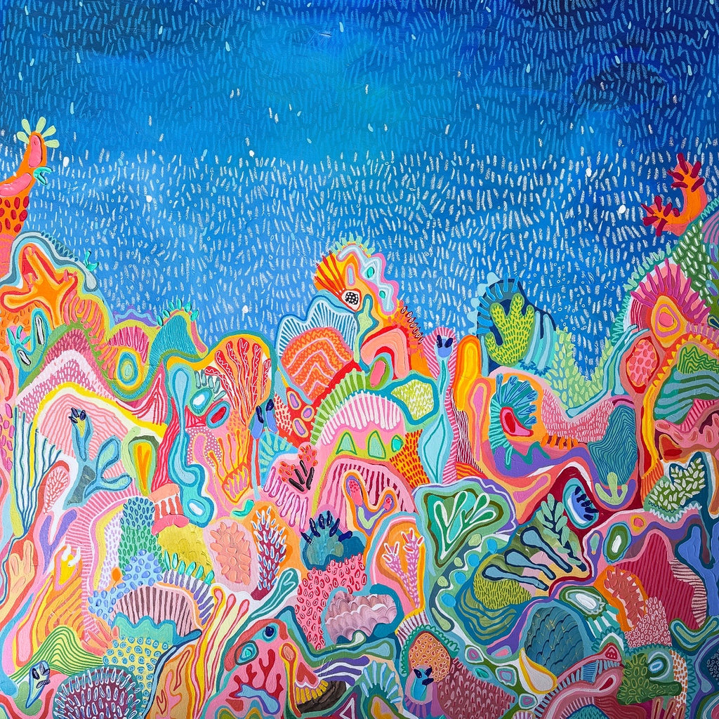 Colorful abstract artwork with various shapes and patterns on a blue background