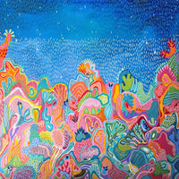 Colorful abstract artwork with various shapes and patterns on a blue background
