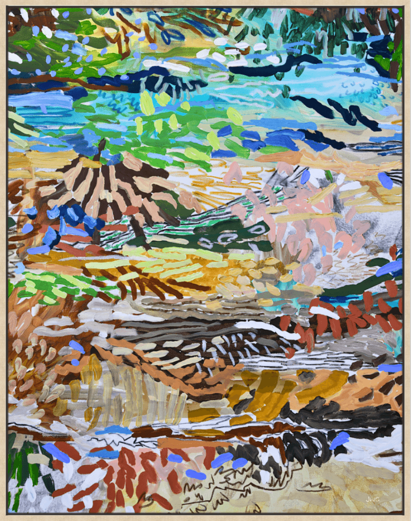 Canvas print 'By the Frog Pond' featuring vibrant colors and playful patterns of an aquatic scene.