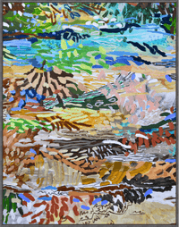 Colorful abstract landscape artwork inspired by nature, featuring playful patterns and vibrant hues.