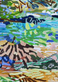 Whimsical canvas print 'By the Frog Pond' featuring vibrant aquatic colors and playful patterns by Jonathan W Gemmell.