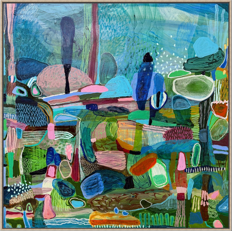 Abstract artwork with colorful geometric shapes and patterns