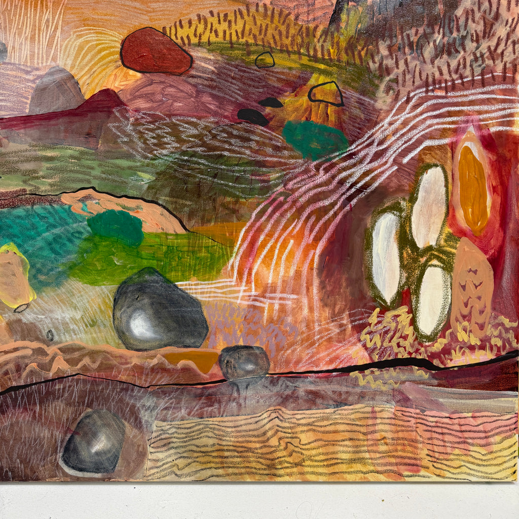 Abstract landscape with rocks, a stream, and a sun-like object.