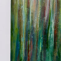JWG Abstract painting with vertical brush strokes in green, brown, and blue on a white background