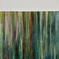 JWG Abstract painting with vertical brush strokes in various colours on a white background