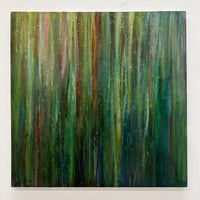 Abstract painting with vertical brush strokes in green, brown, and blue on a white background