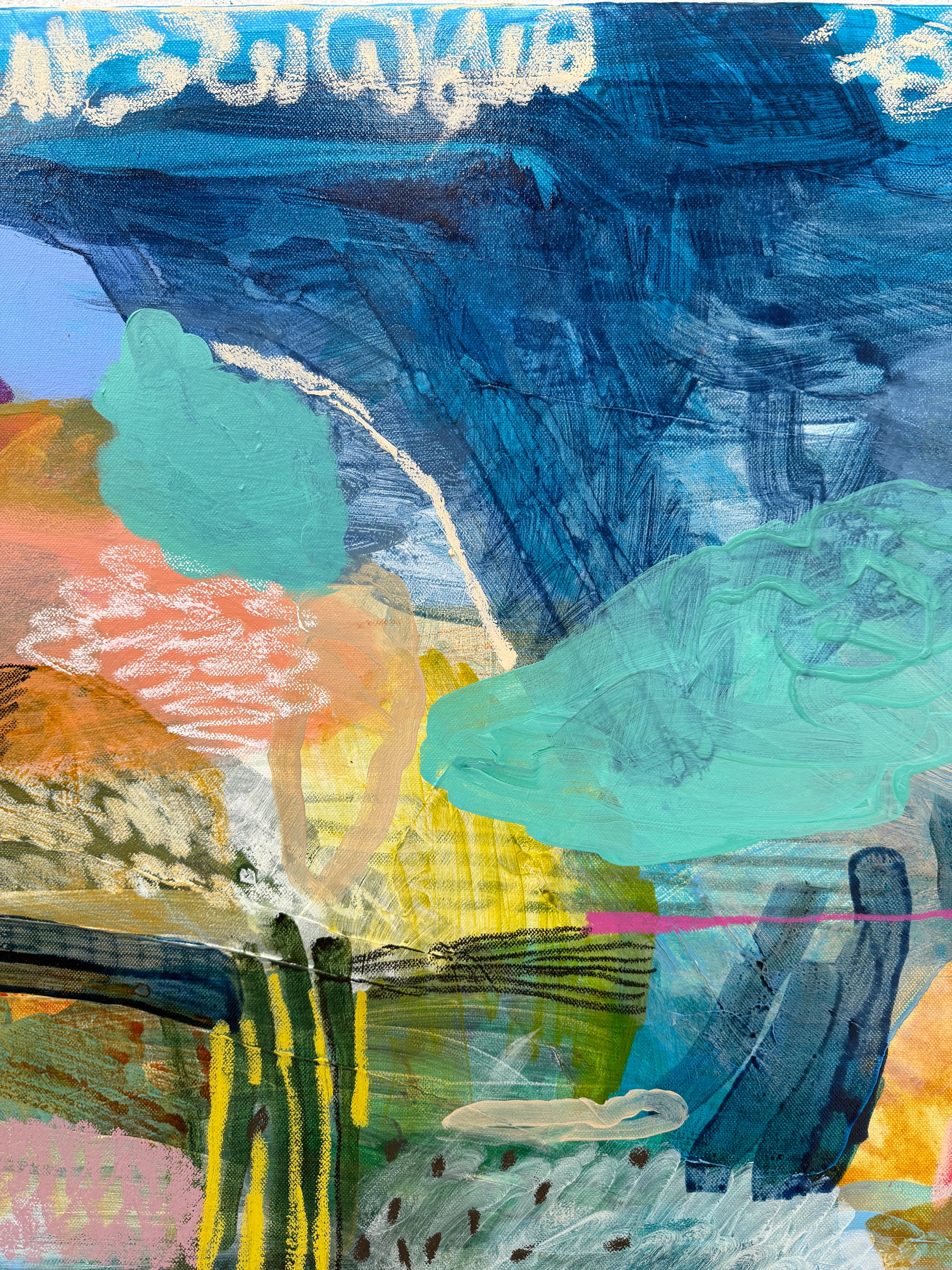 Abstract art with colorful brush strokes on a textured surface, JWG 'Falling Cloud'