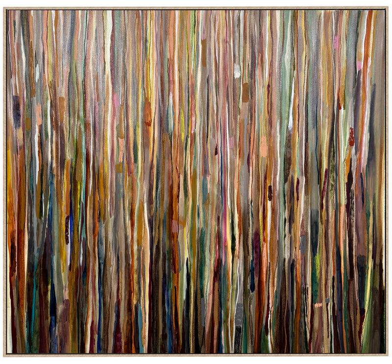 Abstract artwork with vertical brush strokes in various colors