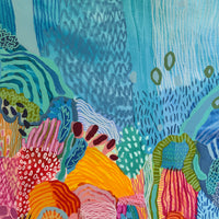 Colorful abstract artwork with various textures and patterns on a blue background