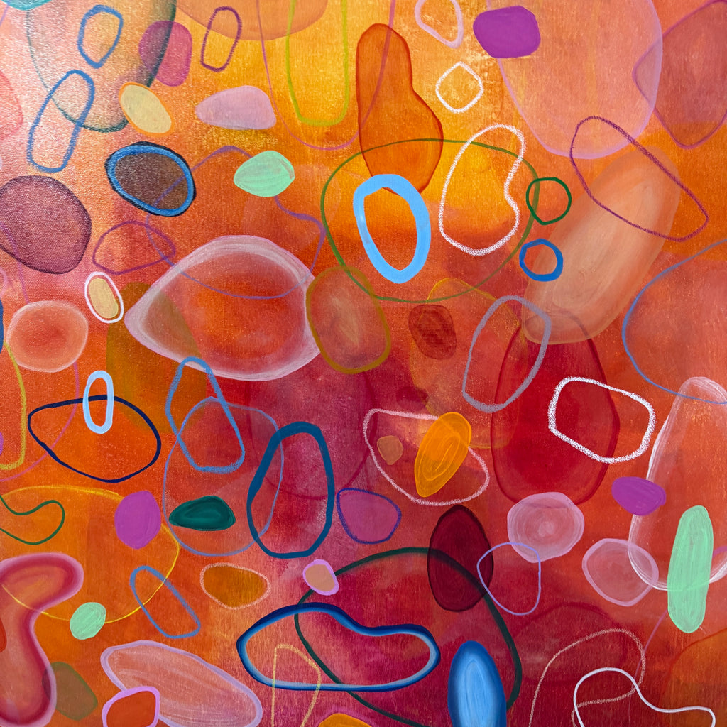 Abstract artwork with colorful geometric shapes on a warm-toned background