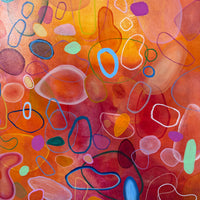 Abstract artwork with colorful geometric shapes on a warm-toned background