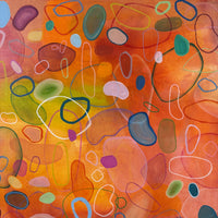 Abstract art with colorful shapes on an orange background