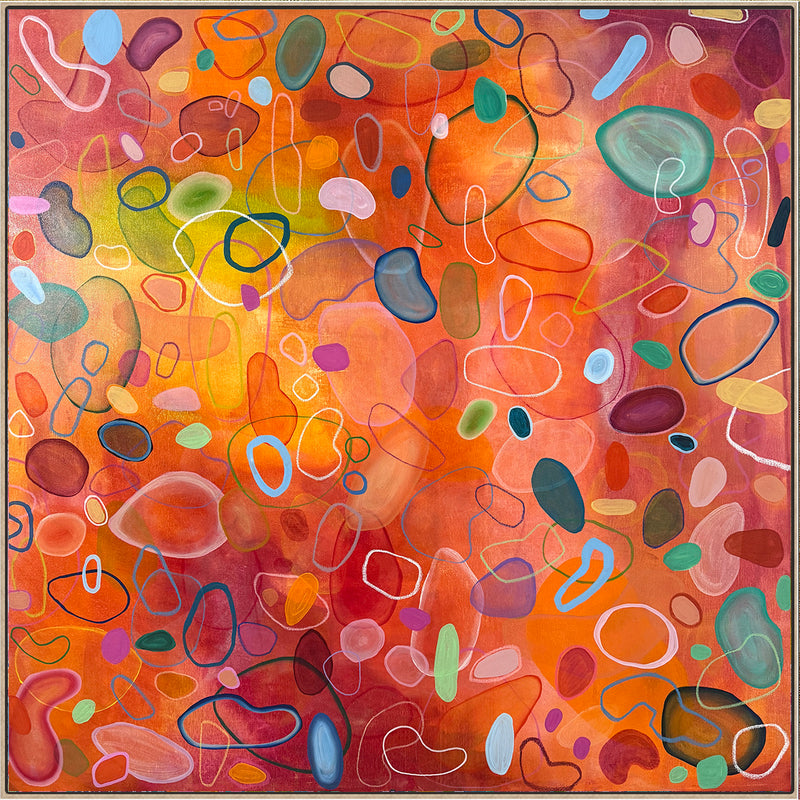 Abstract artwork with colorful shapes on a warm-toned background