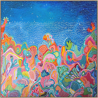 Colorful abstract artwork with various shapes and patterns on a blue background