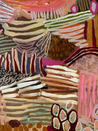 Close-up of a textured artwork with abstract patterns in brown, pink, and white by JWG