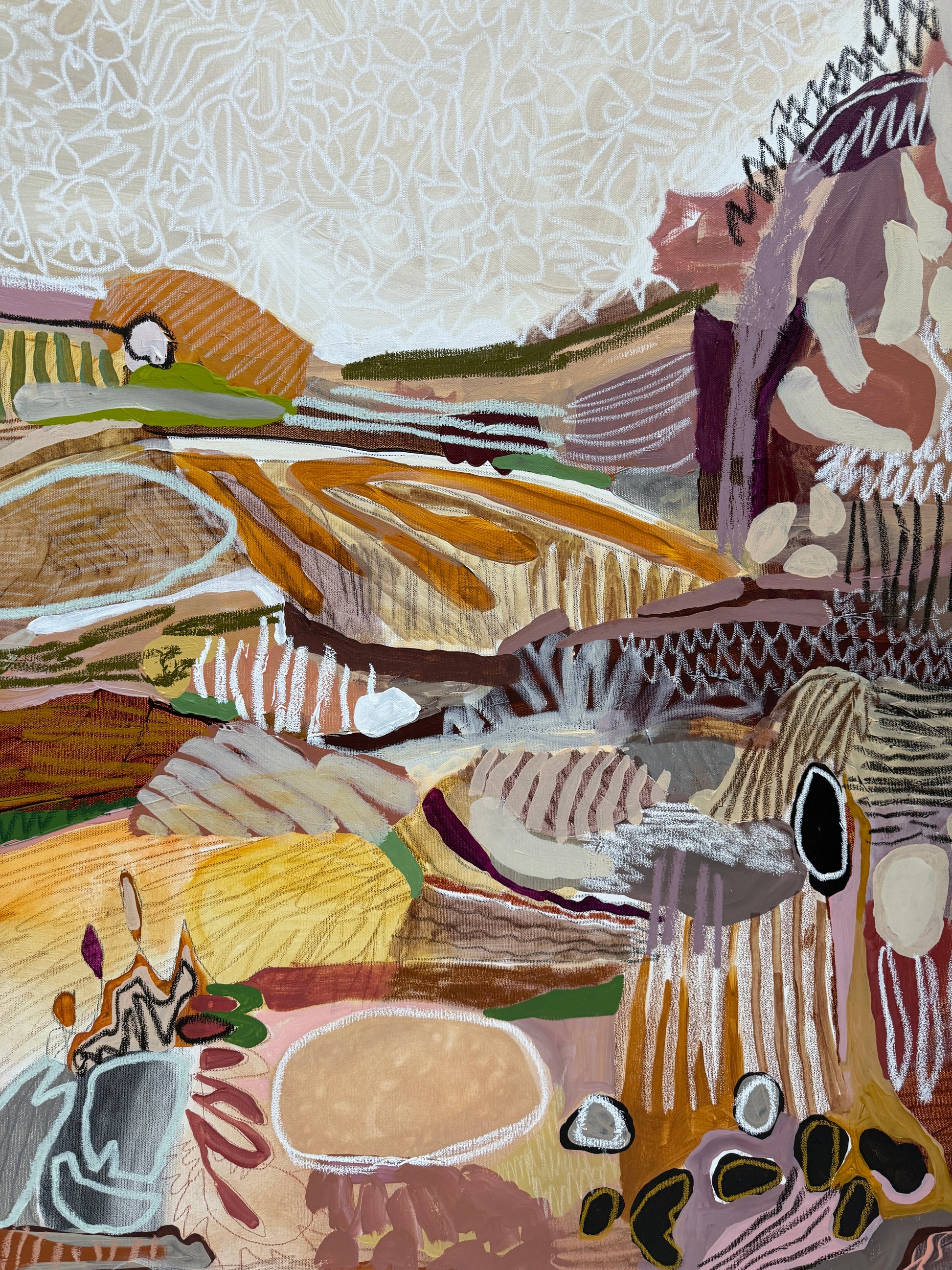 Abstract artwork with a mix of brown, beige, and green colors on a textured white background.