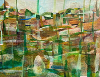 Abstract artwork with a mix of green, brown, and beige colors