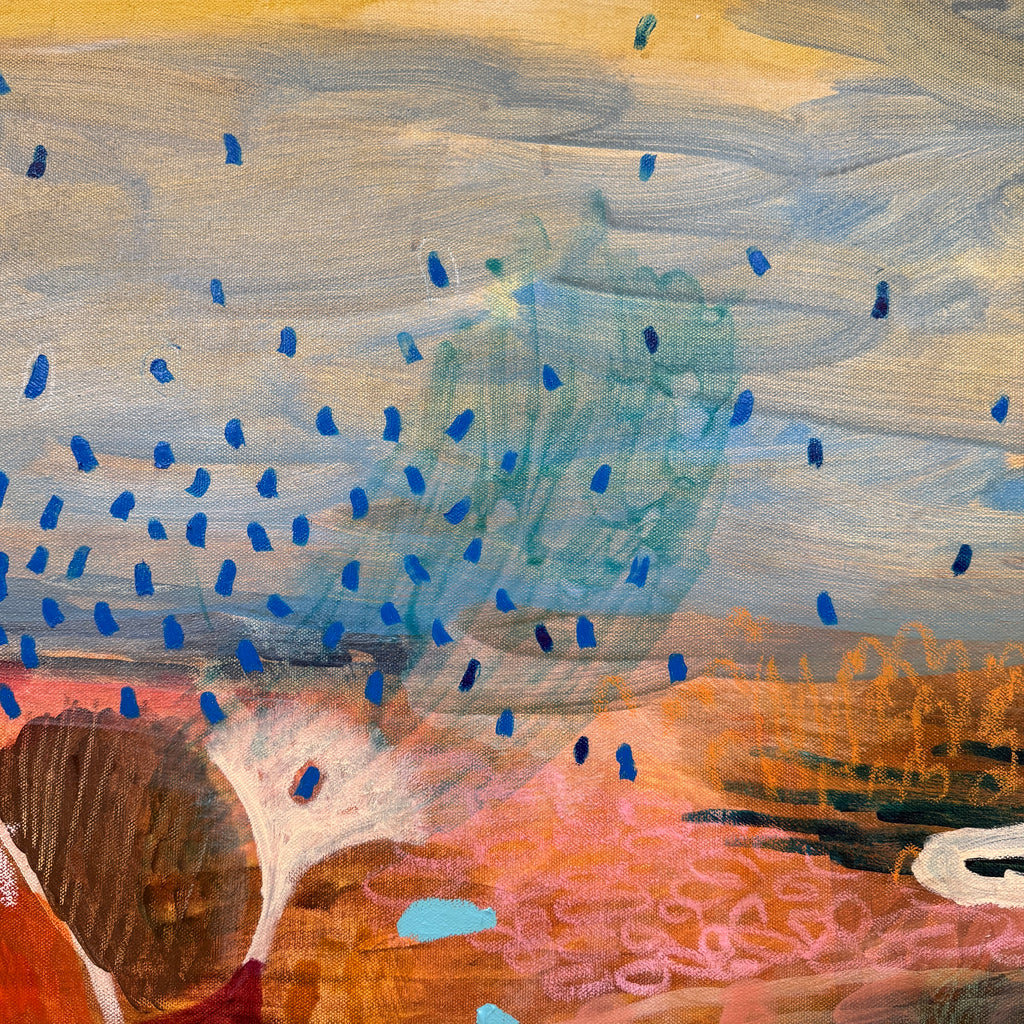 Abstract painting with blue dots on a textured surface