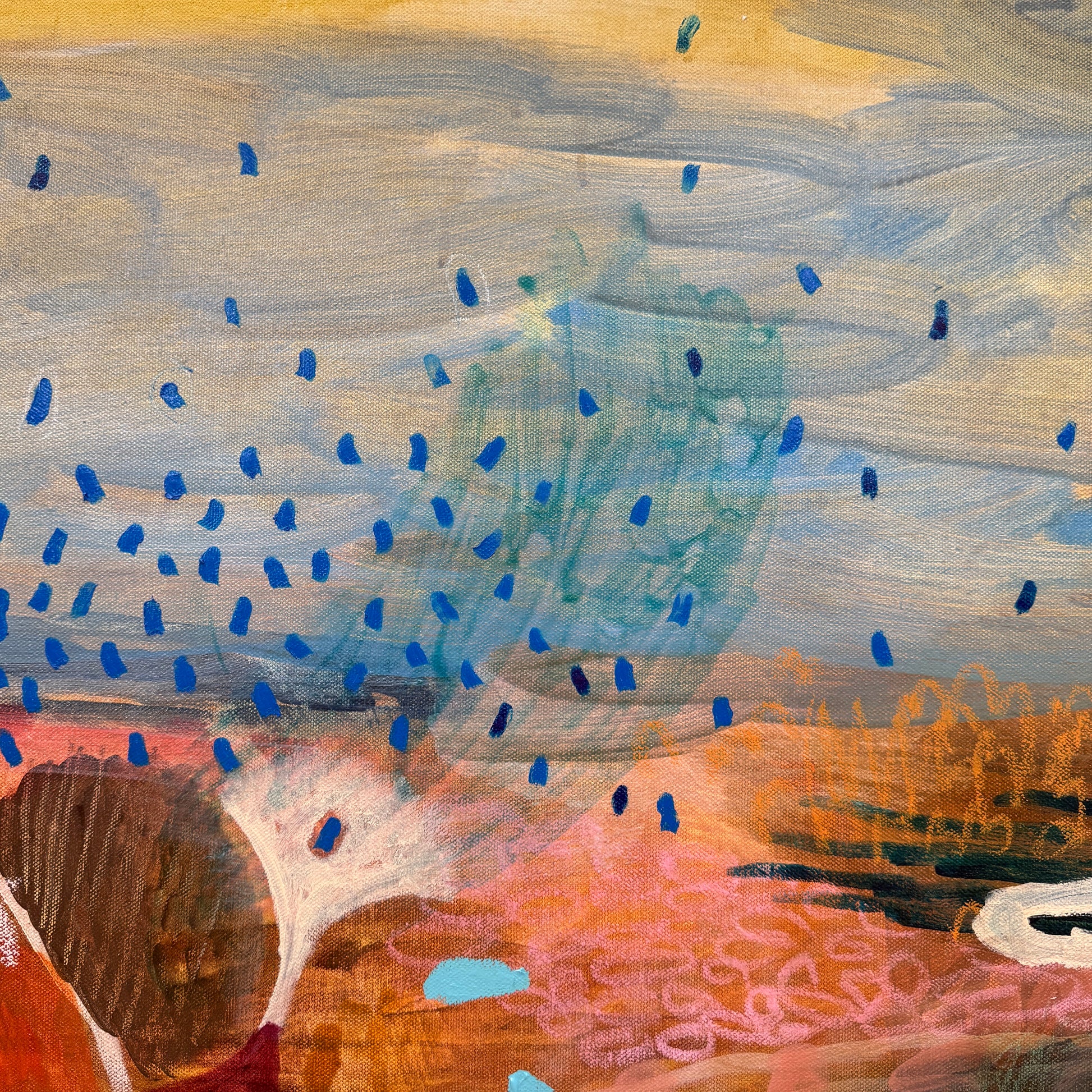 Abstract painting with blue dots on a textured surface
