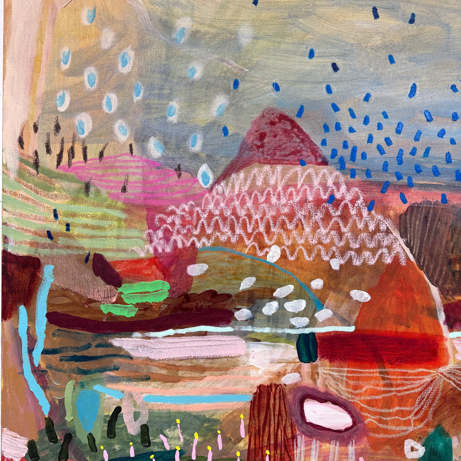 Colorful abstract painting with geometric shapes and patterns