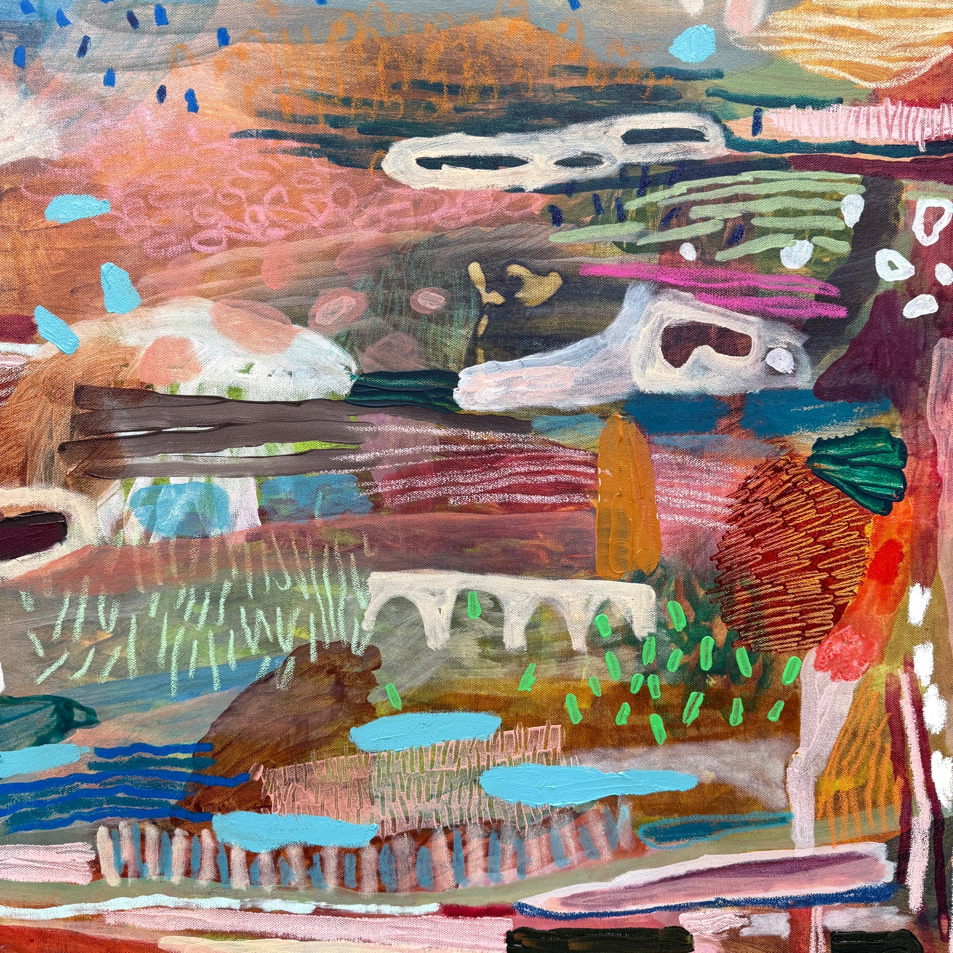 Abstract artwork with colorful brush strokes and shapes