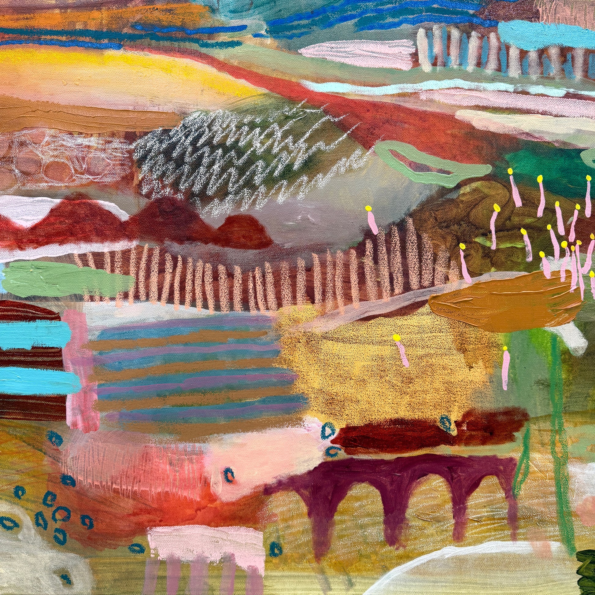 Abstract artwork with colorful landscape and geometric shapes