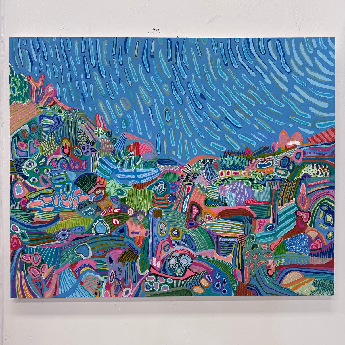 Colorful abstract landscape painting on a white background