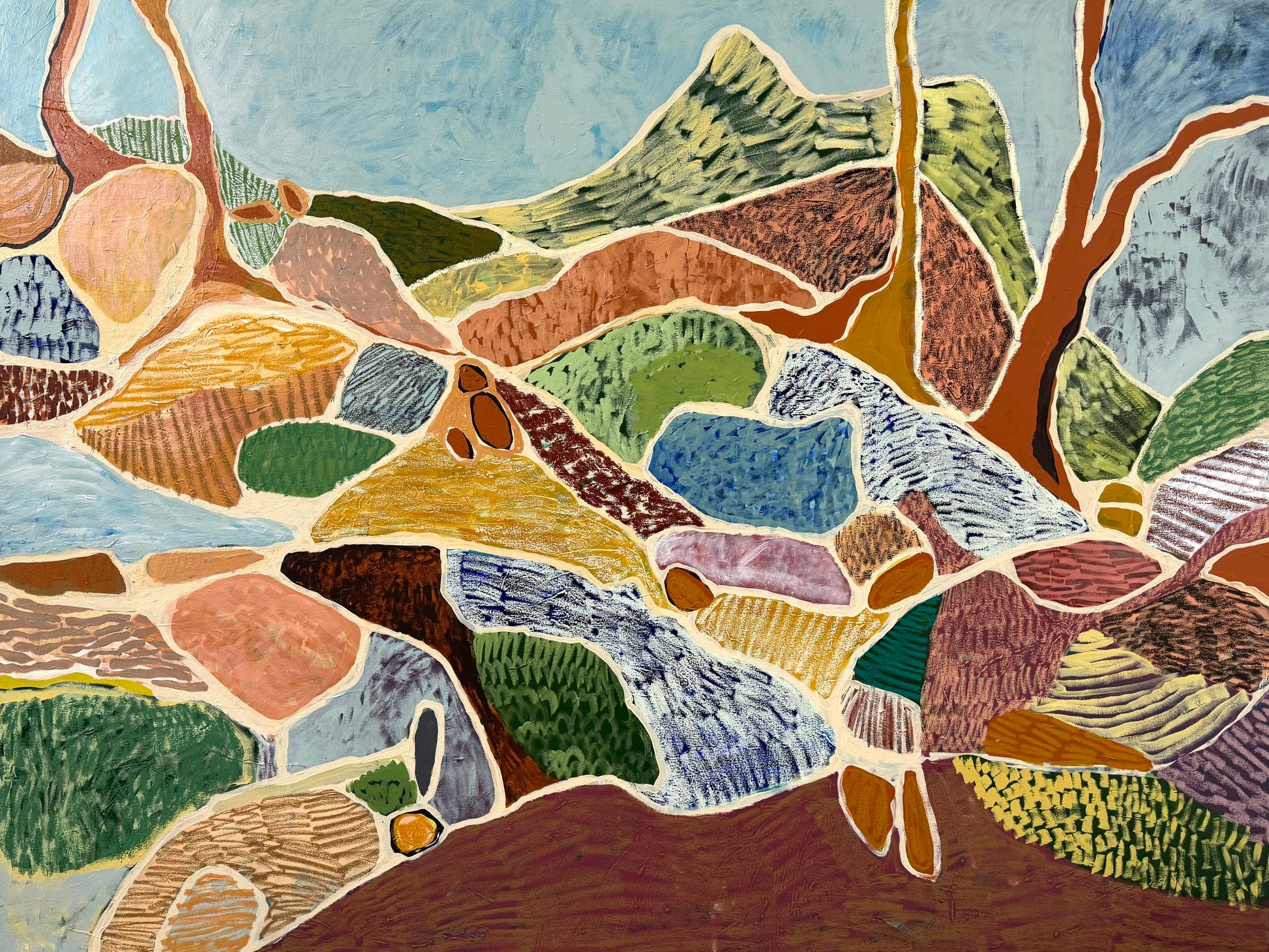 Colorful abstract landscape with mountains and trees
