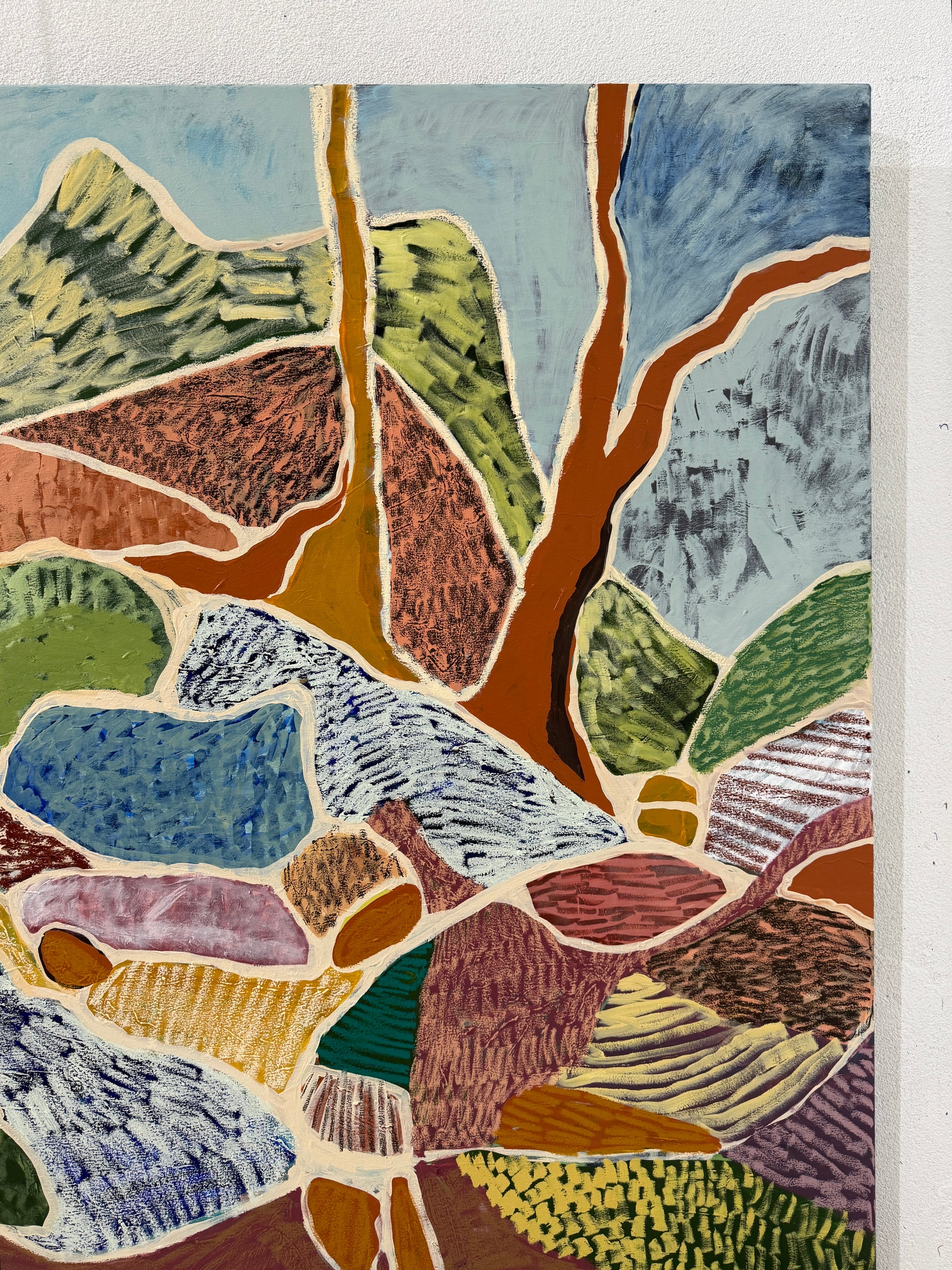 Abstract art piece with textured colors on a white background