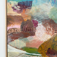 Abstract painting with textured brushstrokes in various colors on a white background