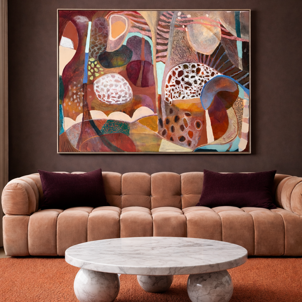 Living room with a brown sofa, marble coffee table, and abstract painting by JWG  on a brown wall.